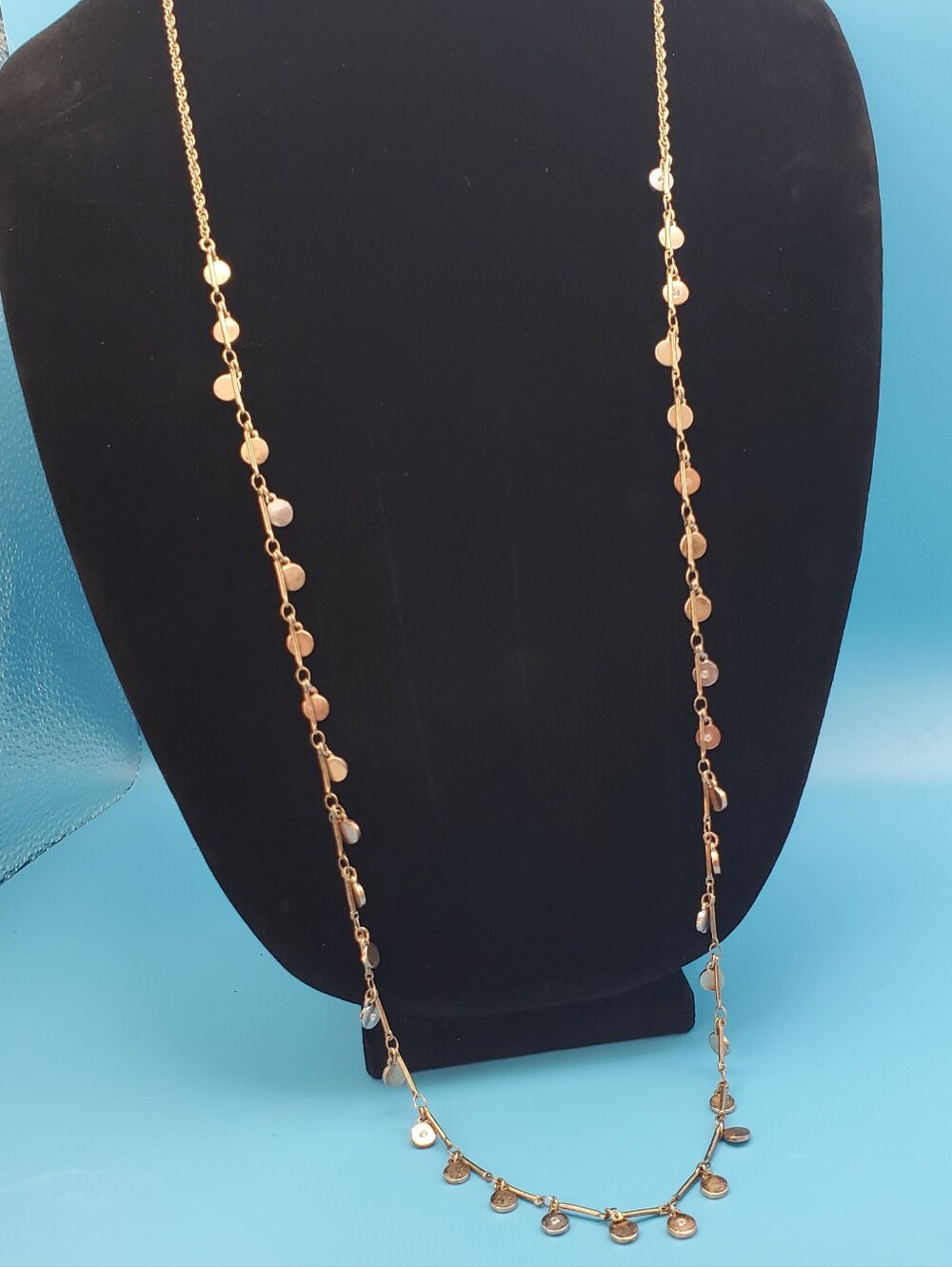 LOFT Ann Taylor Tri-Color Metallic Disc Crystal Station Long Layer Chain Necklac